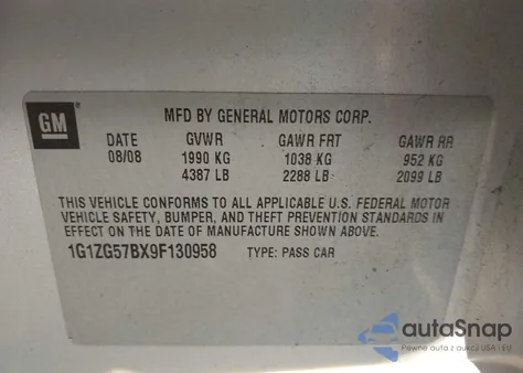 2009 Chevrolet Malibu Ls z USA, uszkodzony, nr VIN 1G1ZG57BX9F130958